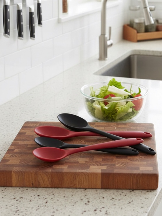 Unbranded Other - Silicone Cooking Spoon Set of 4- Red & Black - New never been used - 8" and 11"